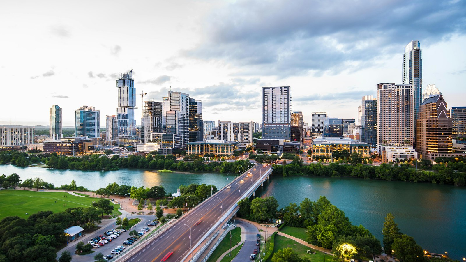 Aerial view of the downtown Austin, Texas skyline along Lady Bird Lake