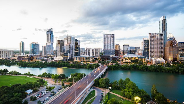 Aerial view of the downtown Austin, Texas skyline along Lady Bird Lake