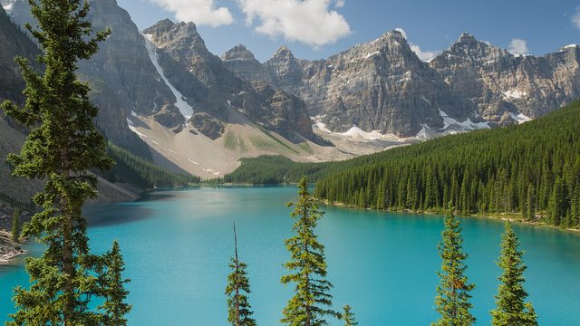 Moraine Lake's turquoise water below the Valley of the Ten Peaks in Banff National Park