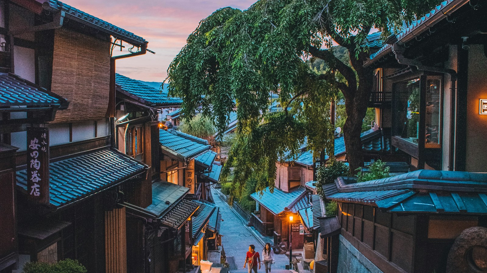 A traditional wooden street in Kyoto, Japan