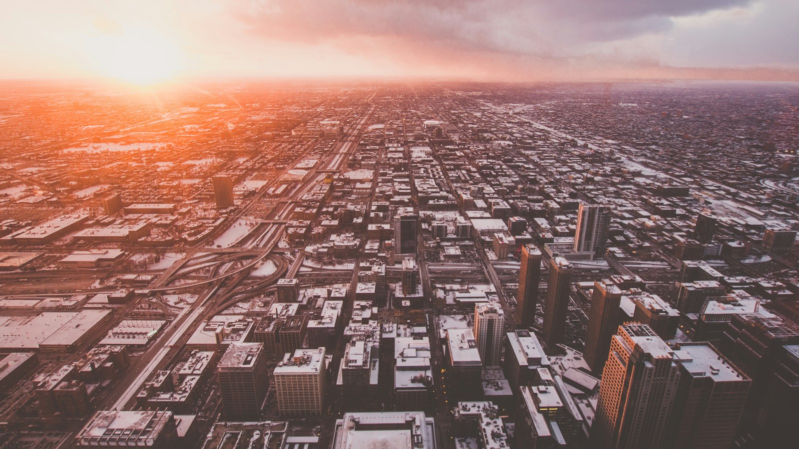 Snowy Chicago from above in winter