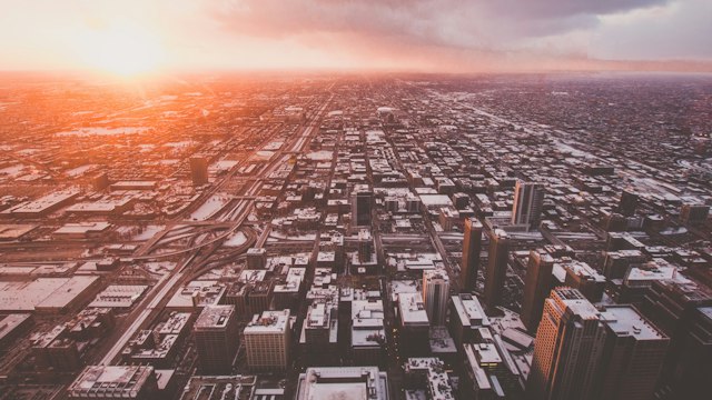 Snowy Chicago from above in winter