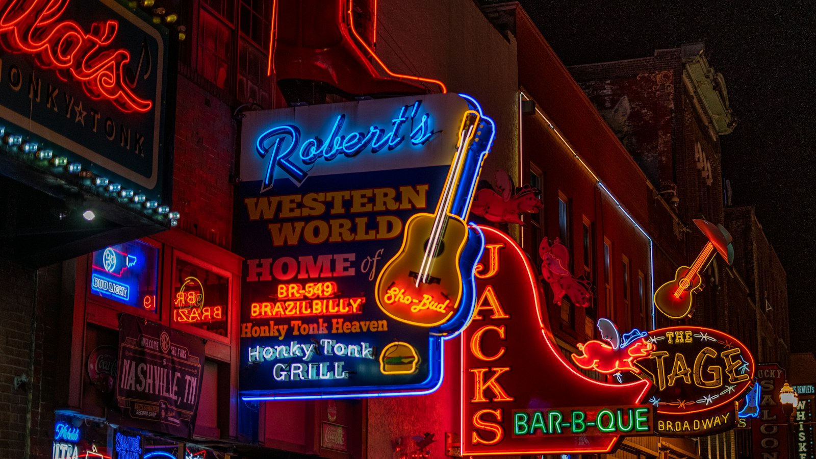 Neon honky-tonk signs along Broadway in Nashville