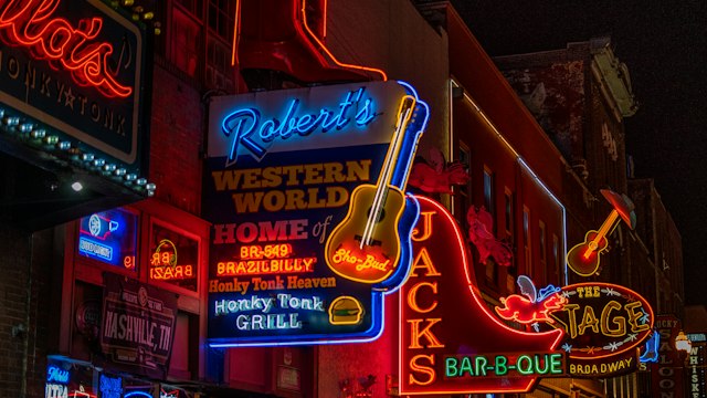 Neon honky-tonk signs along Broadway in Nashville