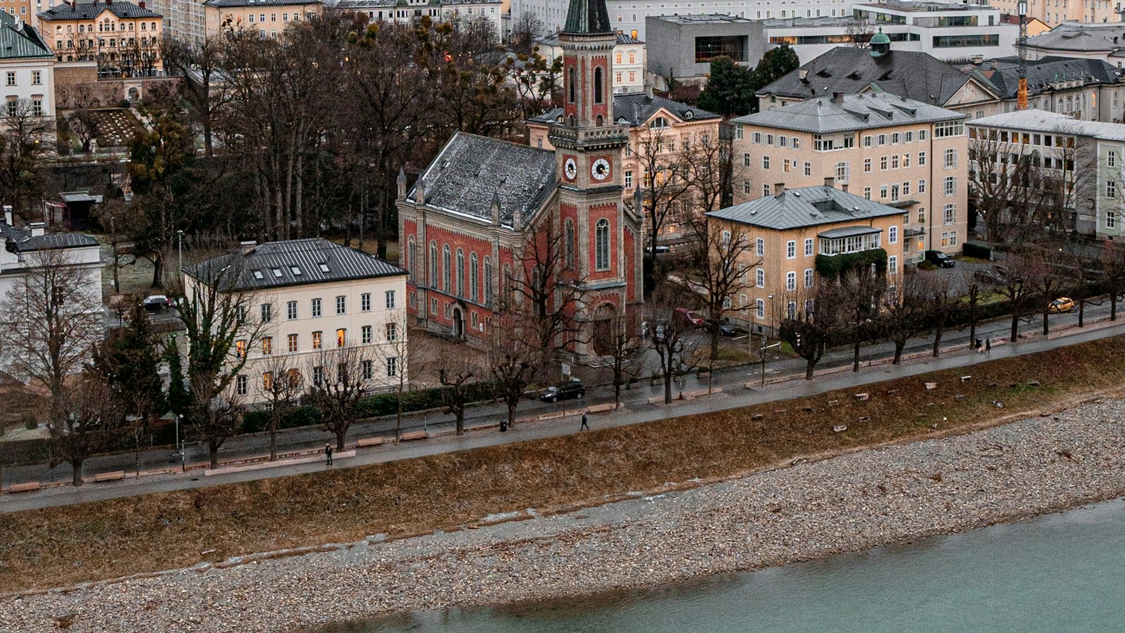Salzburg's old town and the Salzach river in winter